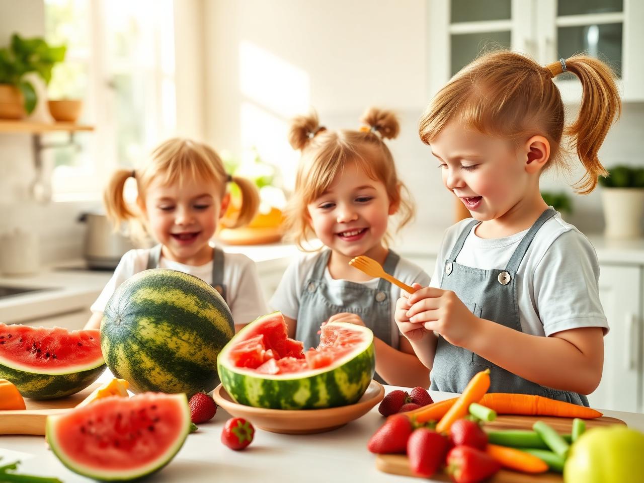 Crianças explorando frutas coloridas em cozinha terapêutica
